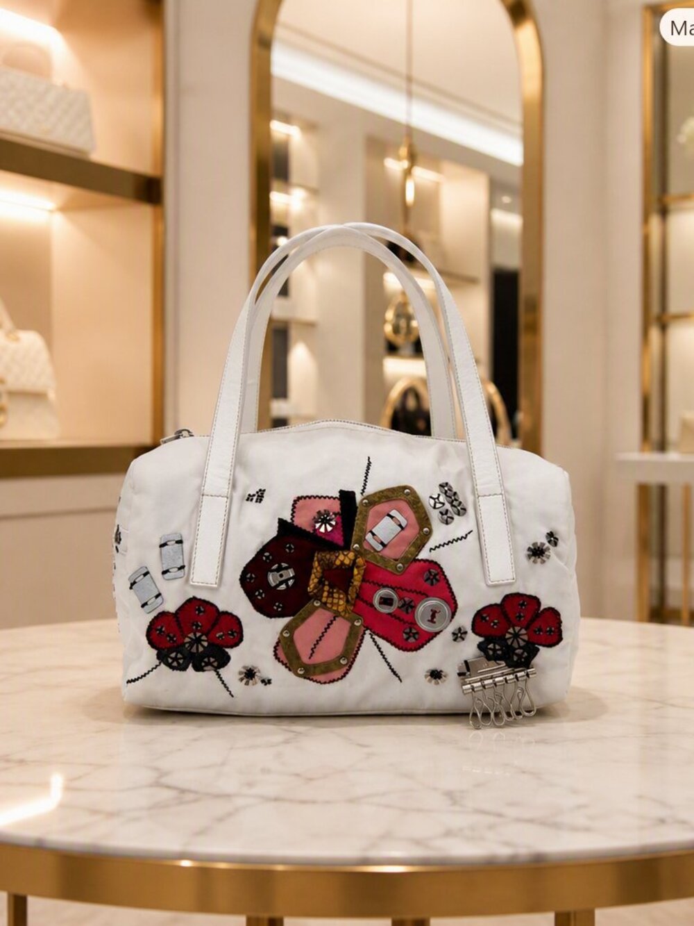 Prada Tessuto Nylon Patchwork White Floral Shoulder Bag